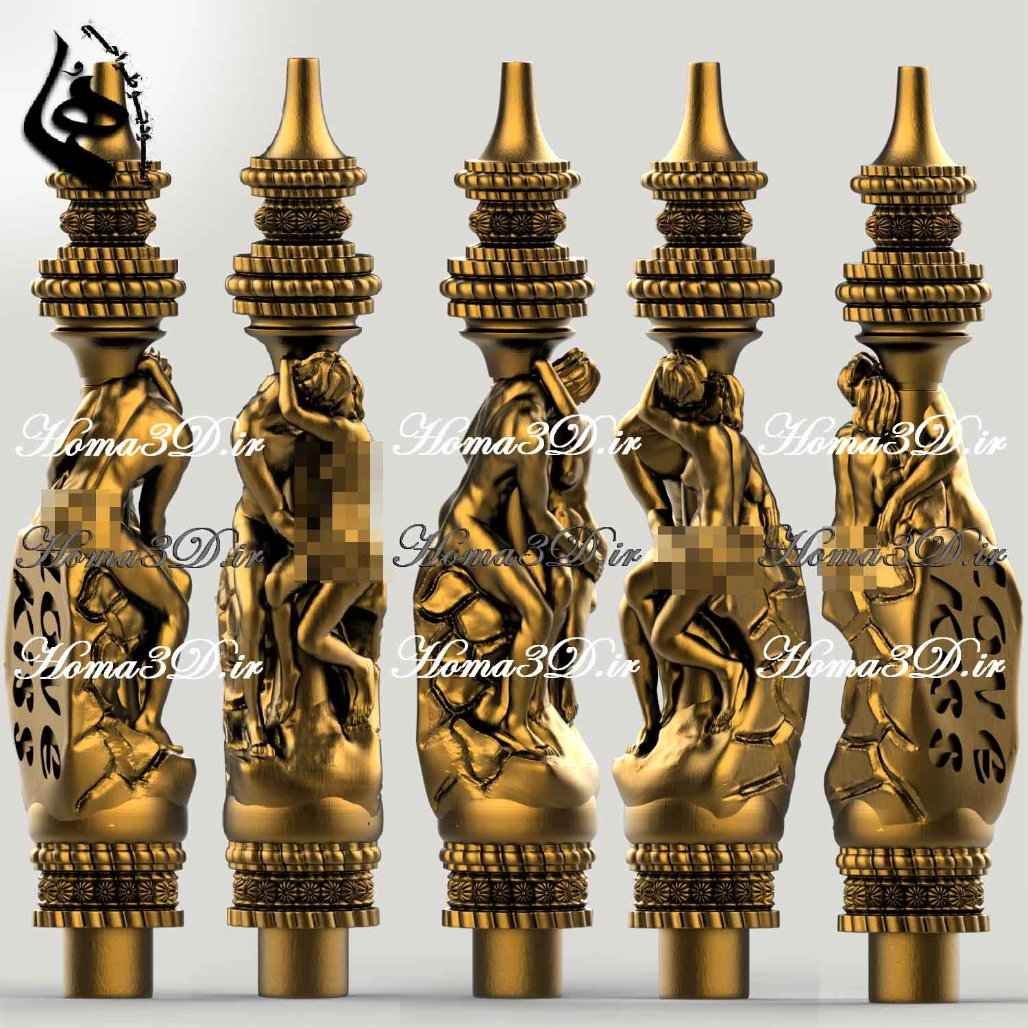 مدل 3بعدی قلیون با طرح عشق و بوسه – طراحی لاکچری و مفهومی