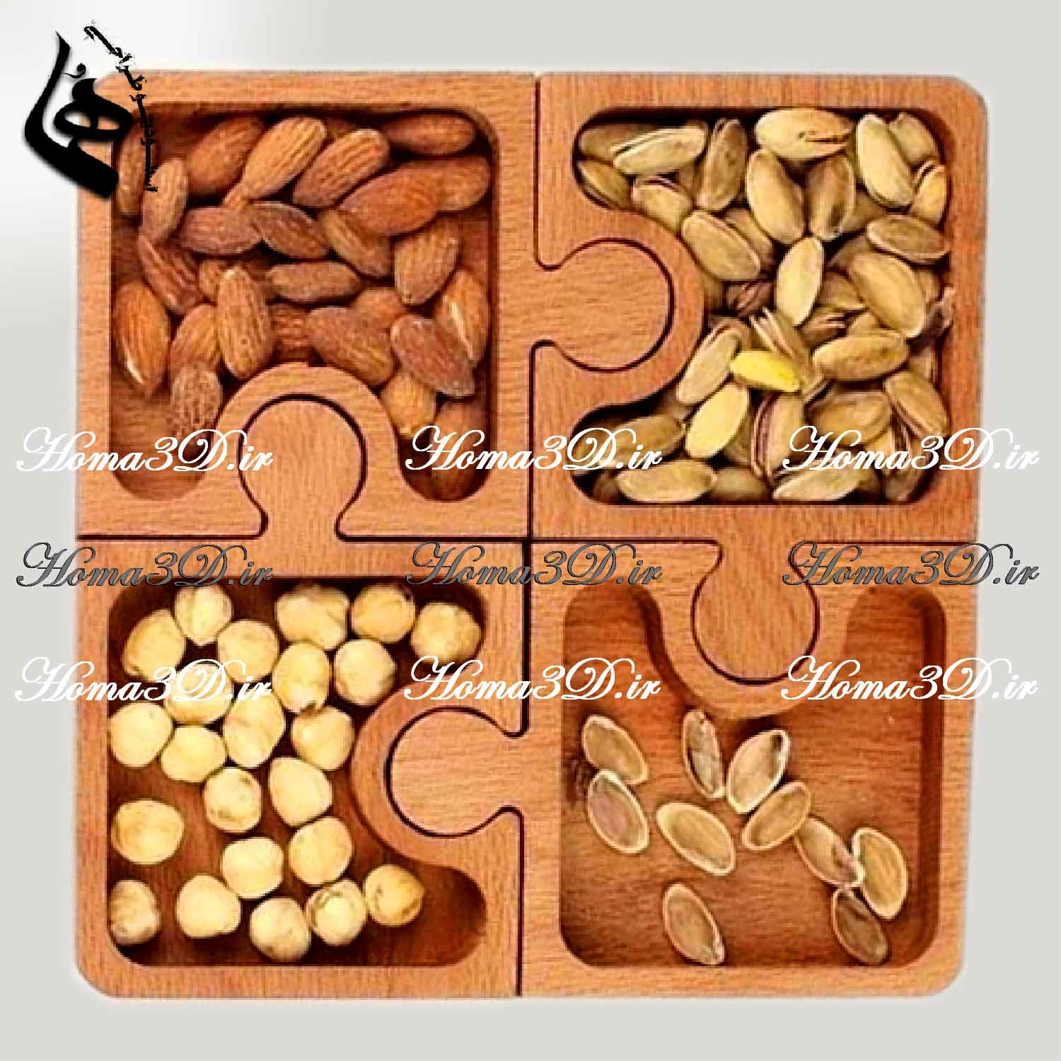 مدل پازلی آجیل‌خوری چوبی | طراحی مهندسی، اجرای دقیق با CNC، خرید آسان فایل STL