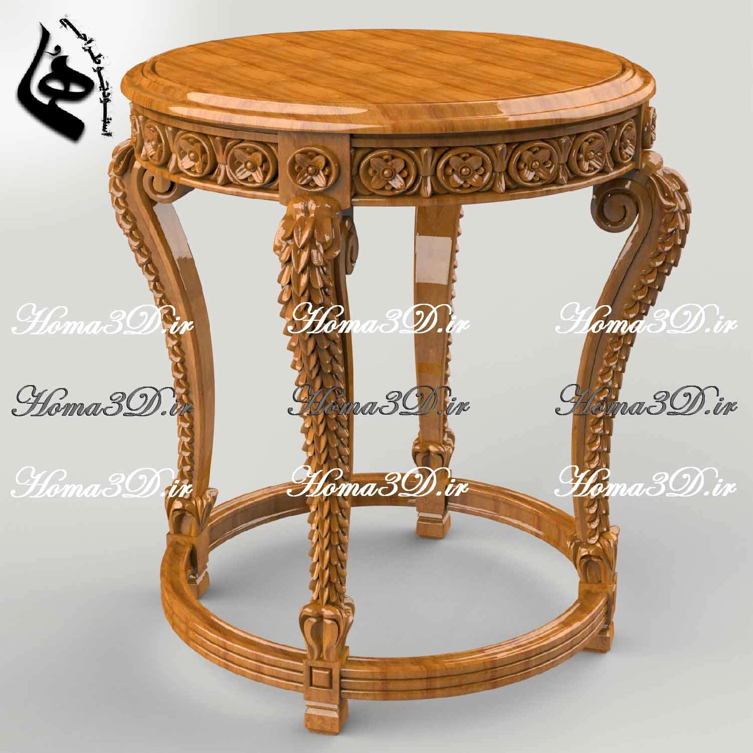 میز عسلی گرد منبتی طراحی‌شده با نرم افزار مهندسی طراحی3بعدی مثل مایا، بلندر، جئومجیک و ارت کم؛ مناسب تولید سی‌ان‌سی و ست کامل پذیرایی