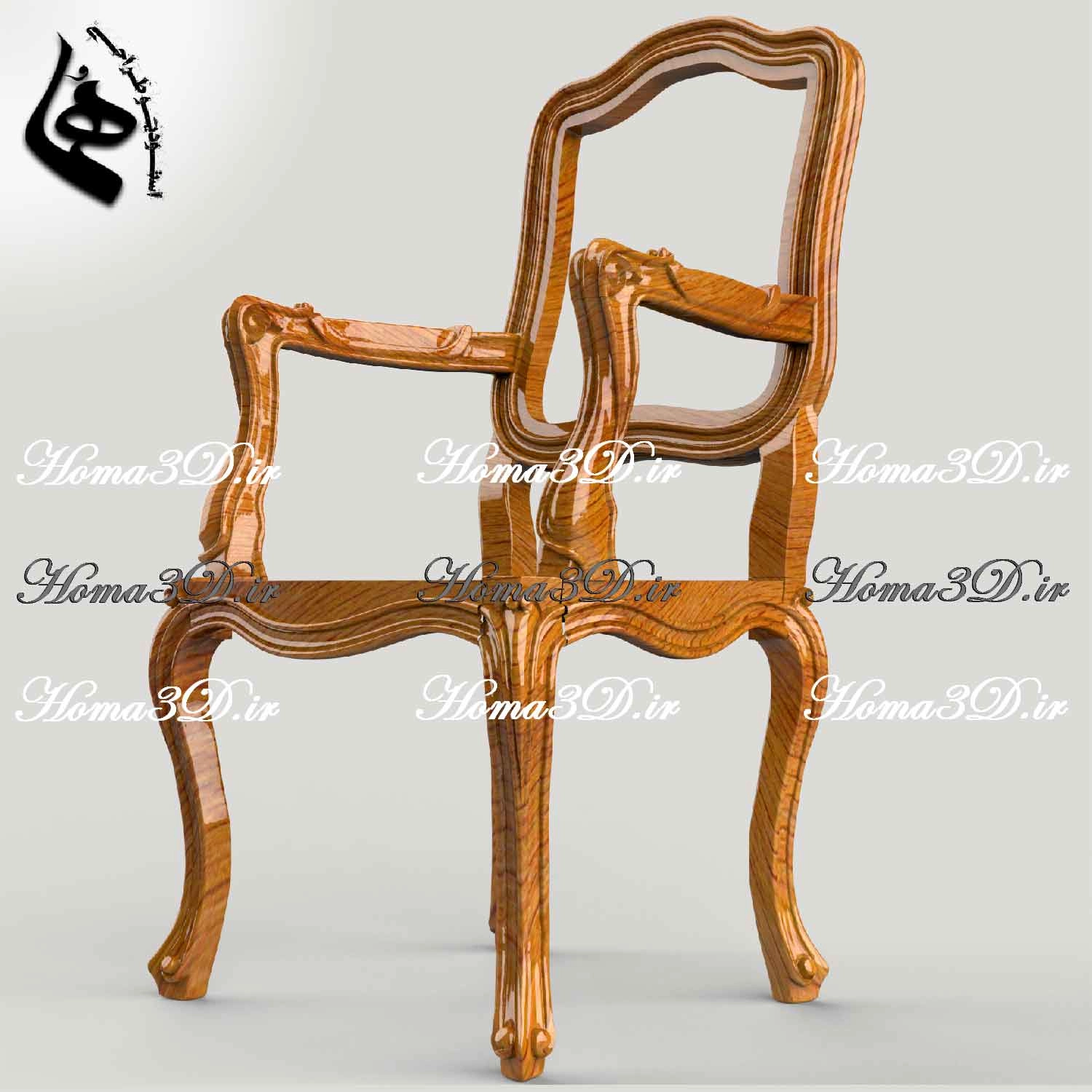 "فایل 3بعدی صندلی شاه‌نشین فرانسوی با فرمت STL، JPG، EPS/DXF برای تولید با CNC. طراحی مهندسی‌شده توسط استودیو طراحی هما، مناسب نجاران حرفه‌ای و تولیدکنندگان مبلمان."
