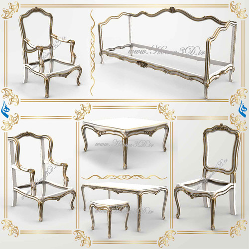 ست کامل مدل سهبعدی مبلمان فرانسوی گلریز، مناسب تولید لوکس با طراحی کمچوب، شامل مبل، صندلی و میزها؛ قابل اجرا با CNC و فرمت STL.