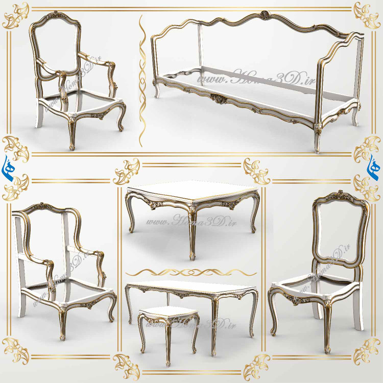 ست کامل مدل سهبعدی مبلمان فرانسوی گلریز، مناسب تولید لوکس با طراحی کمچوب، شامل مبل، صندلی و میزها؛ قابل اجرا با CNC و فرمت STL.