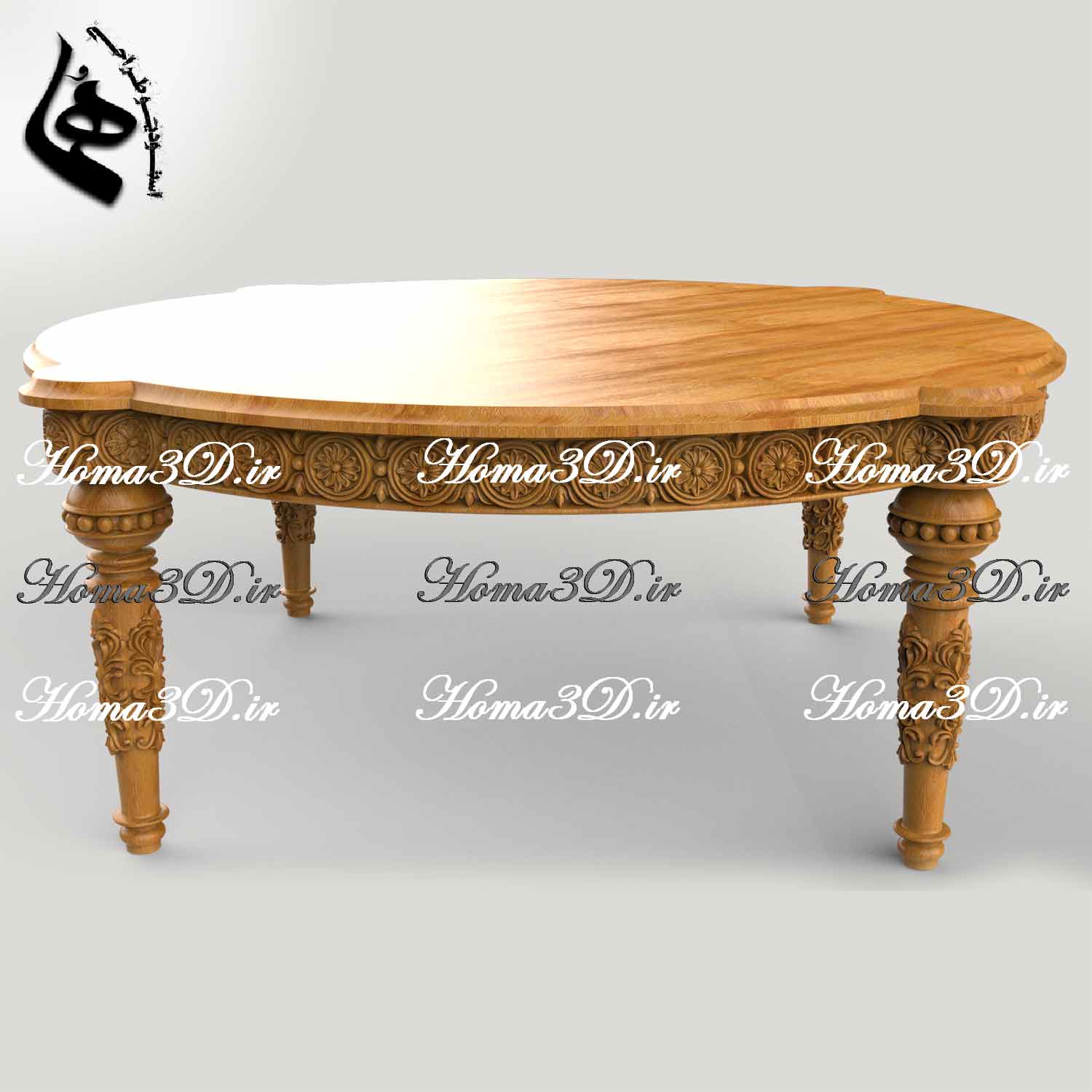 میز جلو مبلی گرد منبتی لوکس، قابل اجرا با CNC تخت و روتاری، فایل STL و برش EPS/DXF، طراحی شده توسط استودیو هما با کیفیت ژورنالی برای نجاران حرفه‌ای.