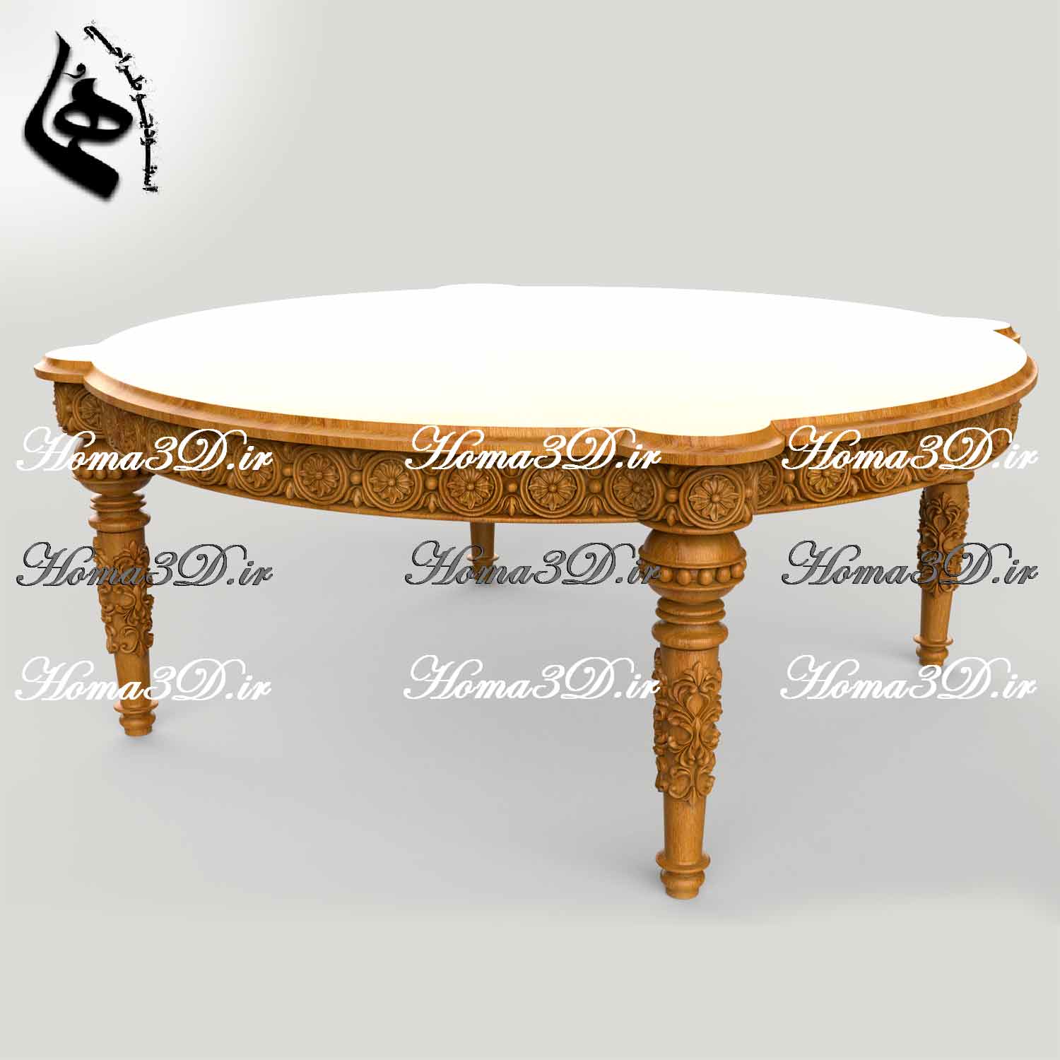 میز جلو مبلی گرد منبتی لوکس، قابل اجرا با CNC تخت و روتاری، فایل STL و برش EPS/DXF، طراحی شده توسط استودیو هما با کیفیت ژورنالی برای نجاران حرفه‌ای.