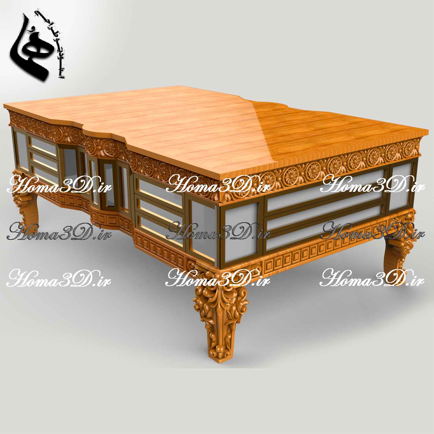 میز جلو مبلی باکسی منبتی مستطیلی، فایل STL حرفه‌ای قابل اجرا با CNC، طراحی‌شده توسط استودیو هما با فرمت‌های برش دقیق و پشتیبانی نرم‌افزاری.