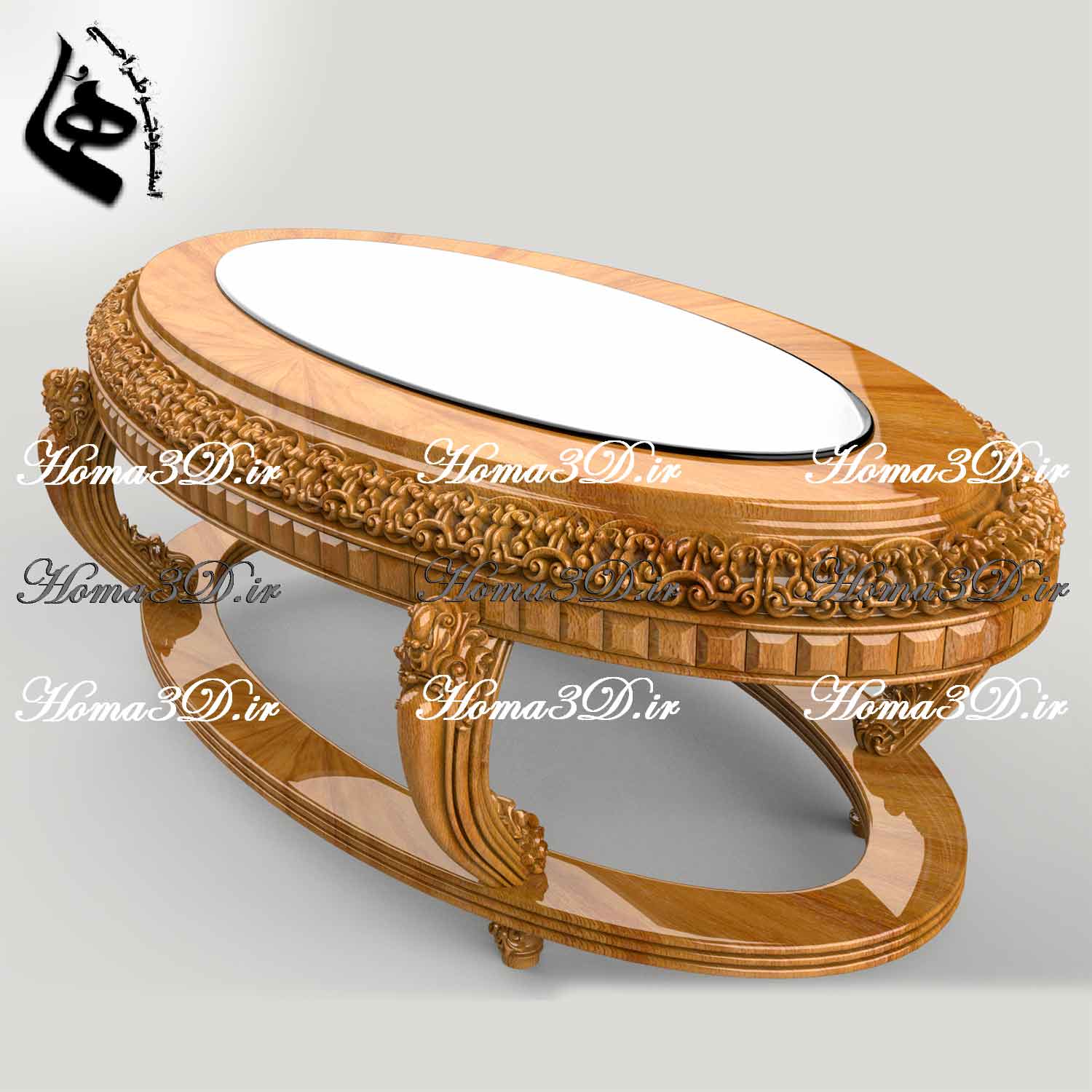 طراحی سه‌بعدی میز جلو مبلی لوکس بیضی‌شکل برای تولید با CNC چوب بدون ایراد و با کیفیت بالا