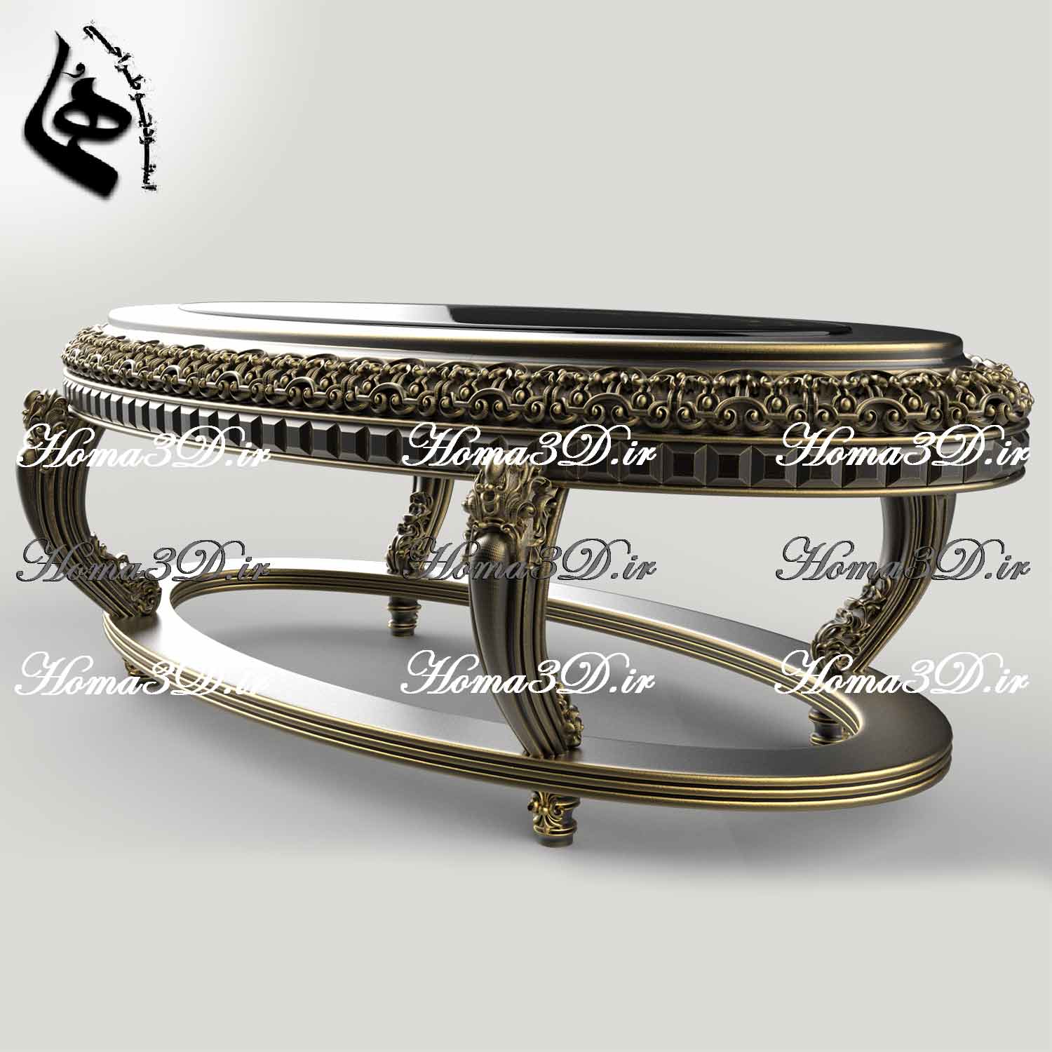 طراحی سه‌بعدی میز جلو مبلی لوکس بیضی‌شکل برای تولید با CNC چوب بدون ایراد و با کیفیت بالا