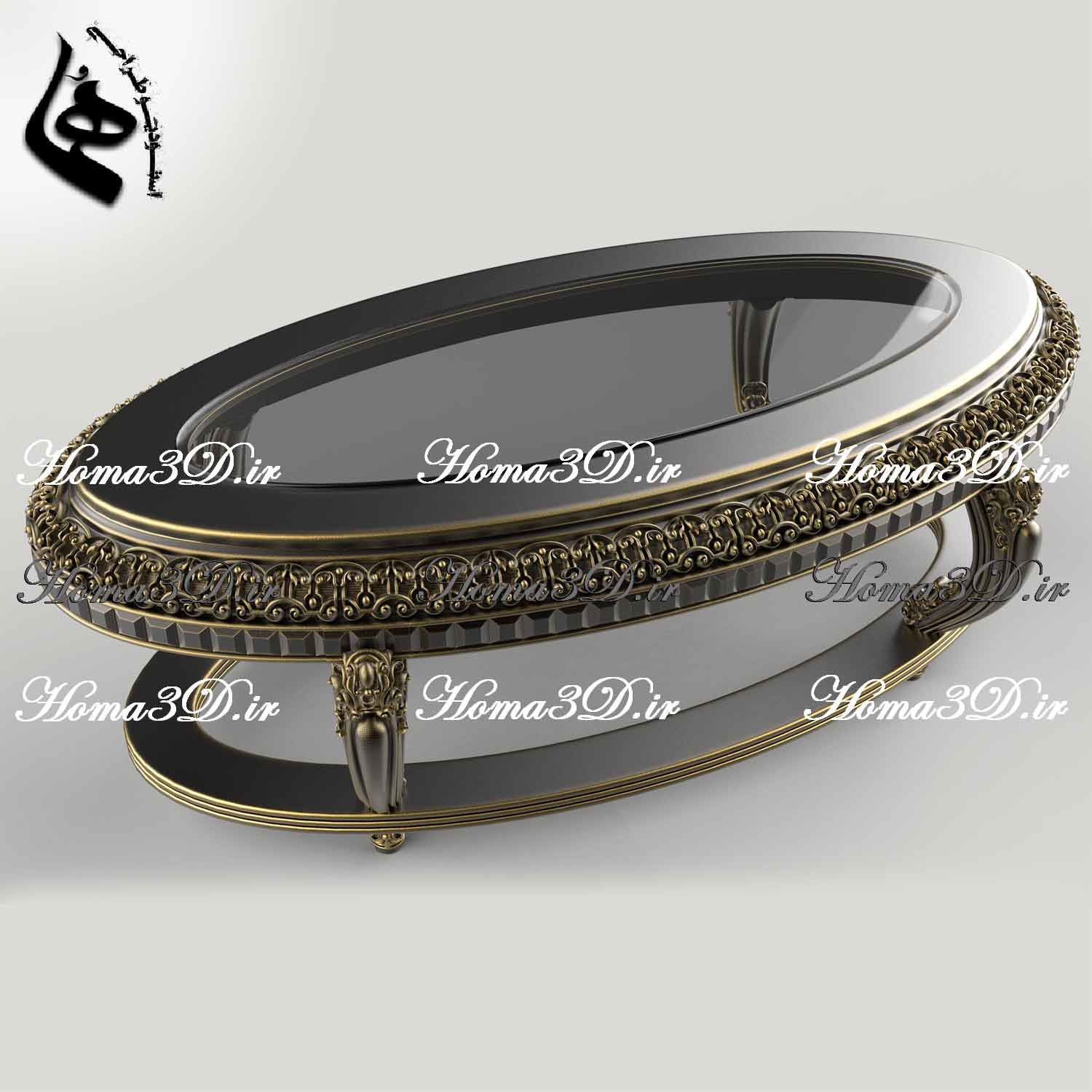 طراحی سه‌بعدی میز جلو مبلی لوکس بیضی‌شکل برای تولید با CNC چوب بدون ایراد و با کیفیت بالا