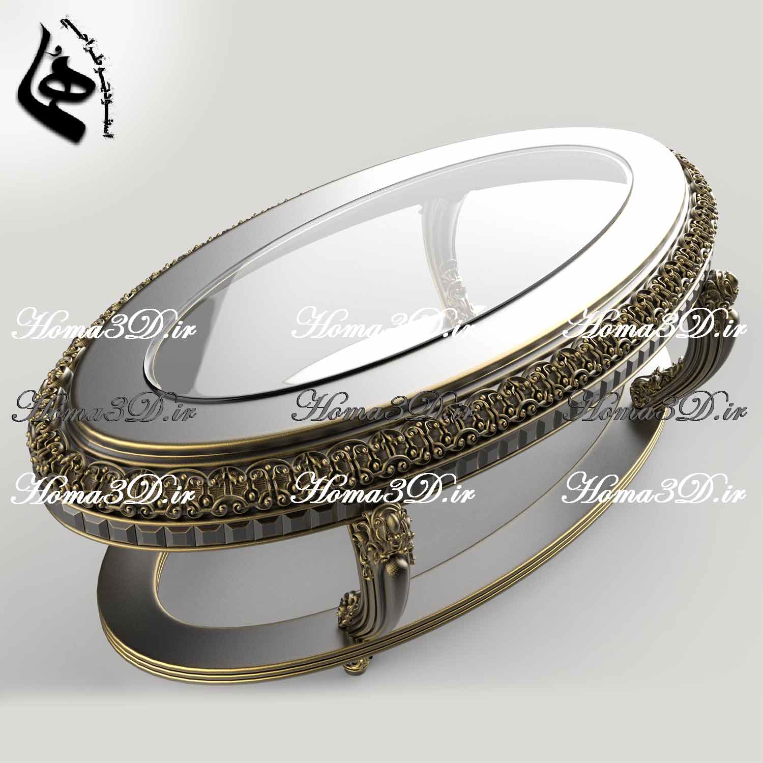 طراحی سه‌بعدی میز جلو مبلی لوکس بیضی‌شکل برای تولید با CNC چوب بدون ایراد و با کیفیت بالا