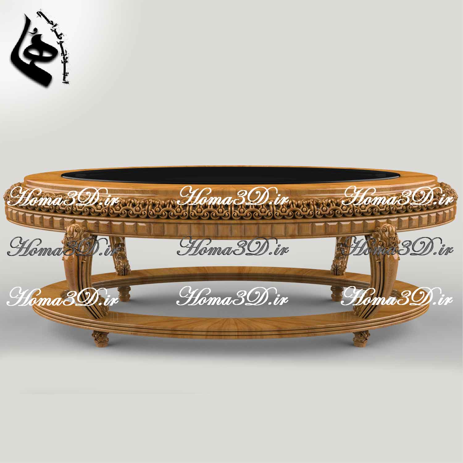 طراحی سه‌بعدی میز جلو مبلی لوکس بیضی‌شکل برای تولید با CNC چوب بدون ایراد و با کیفیت بالا