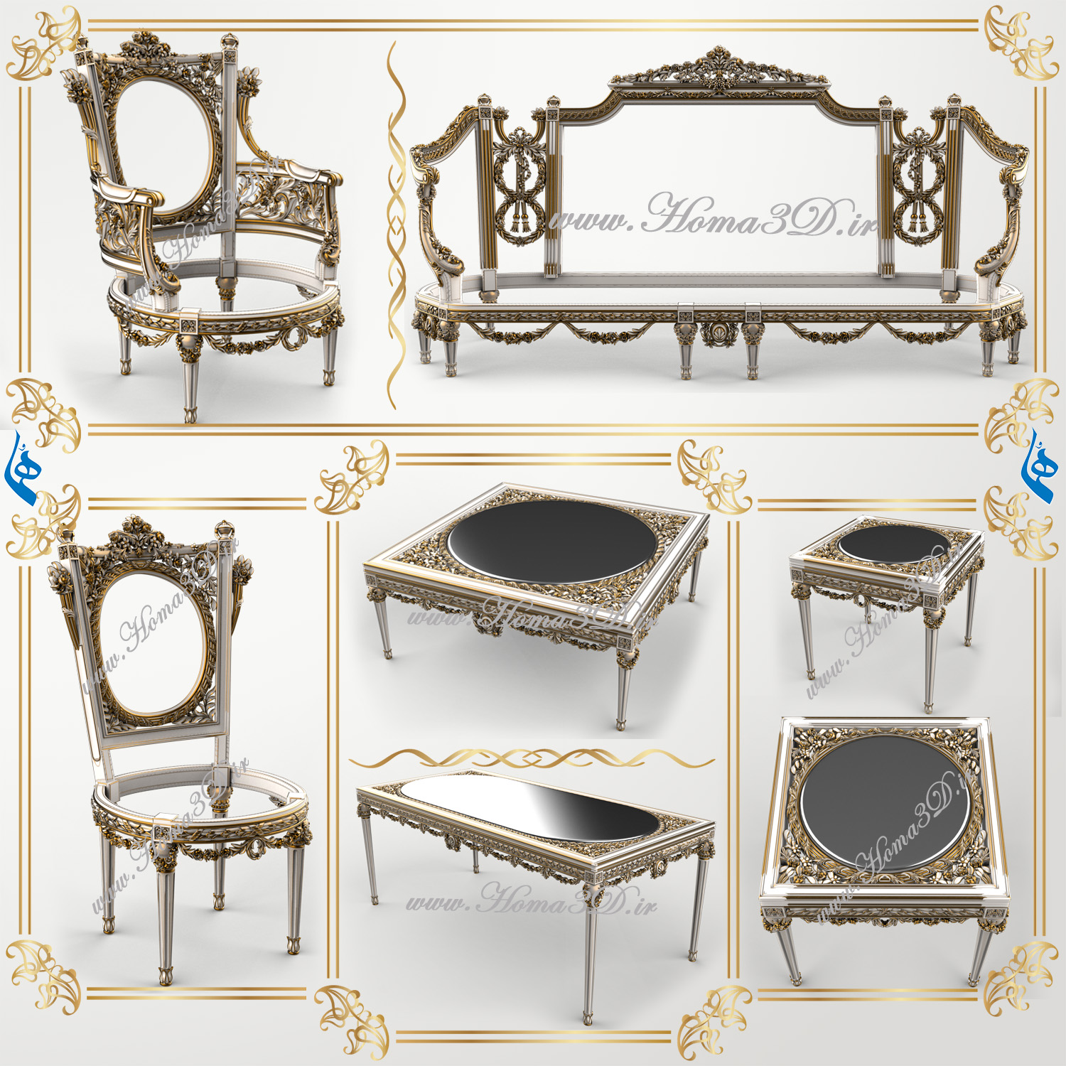فایل طراحی سه‌بعدی مبلمان مصری با منبت دو‌رو لوکس، مناسب CNC تخت و روتاری؛ دانلود سریع با فرمت STL و وکتور EPS، JPG، DXF. طراحی اختصاصی استودیو هما.