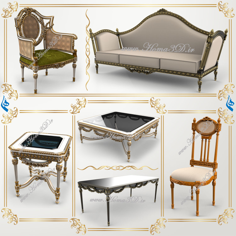 فایل دانلودی سهبعدی مبلمان ست فول ایتالیایی با منبت سنگین و دورو | آماده اجرا در CNC و کارگاههای نجاری