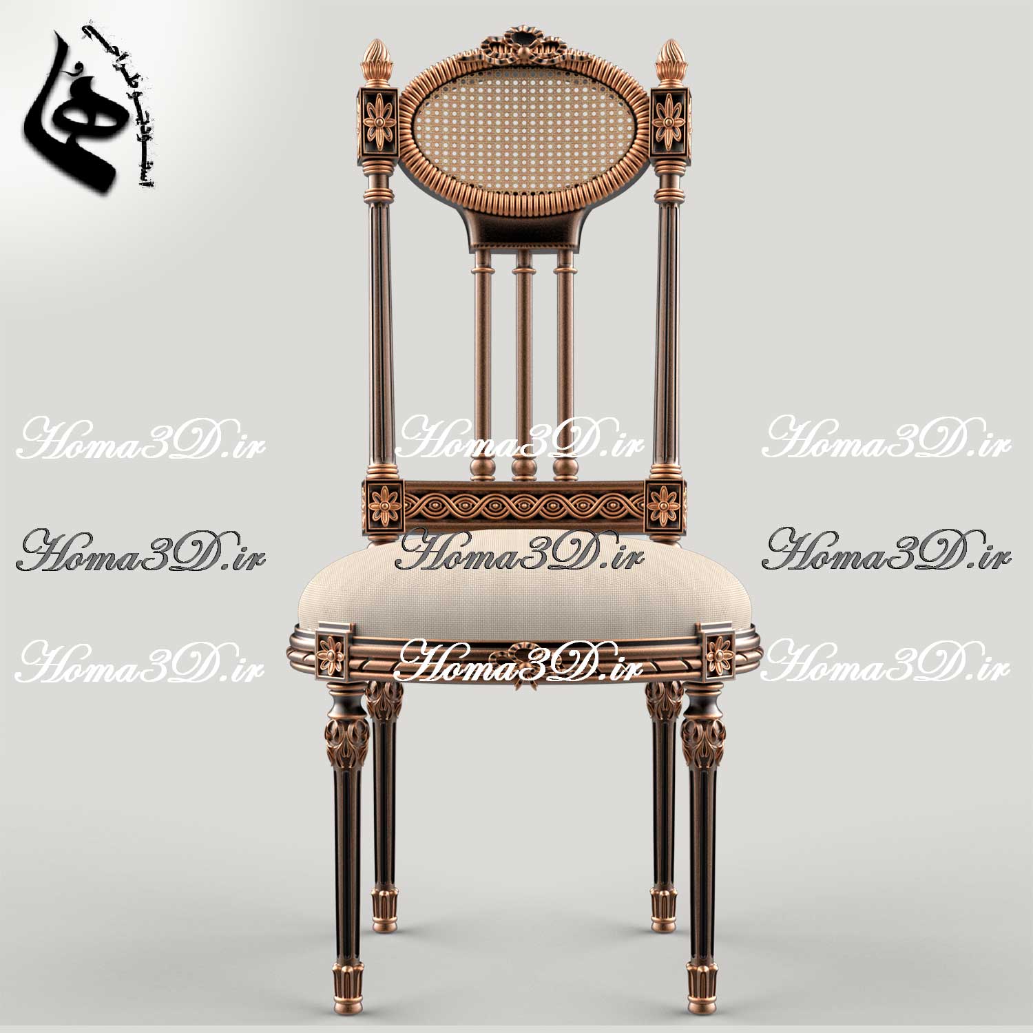 طراحی سه‌بعدی صندلی با ظرافت و استایل کلاسیک ایتالیا، دو رو منبت جذاب