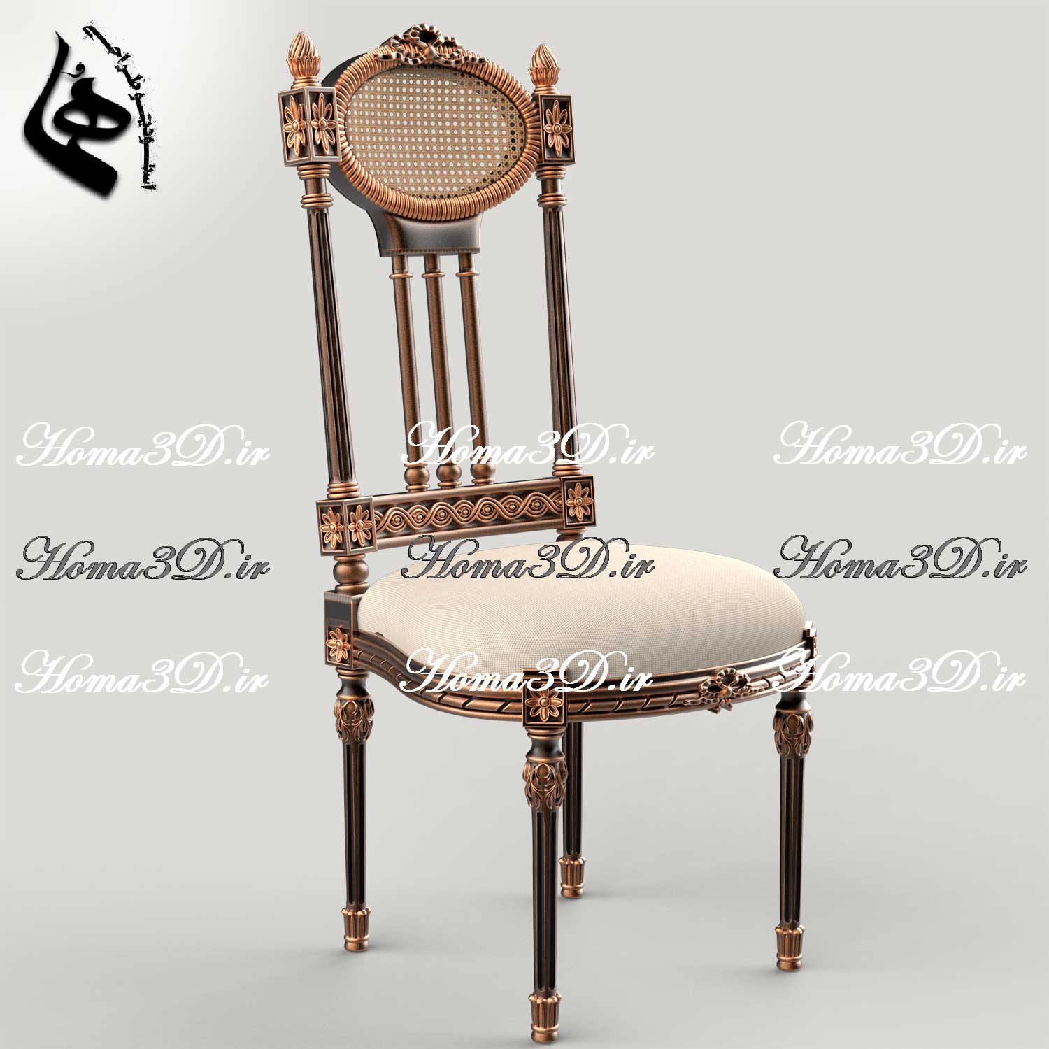 طراحی سه‌بعدی صندلی با ظرافت و استایل کلاسیک ایتالیا، دو رو منبت جذاب