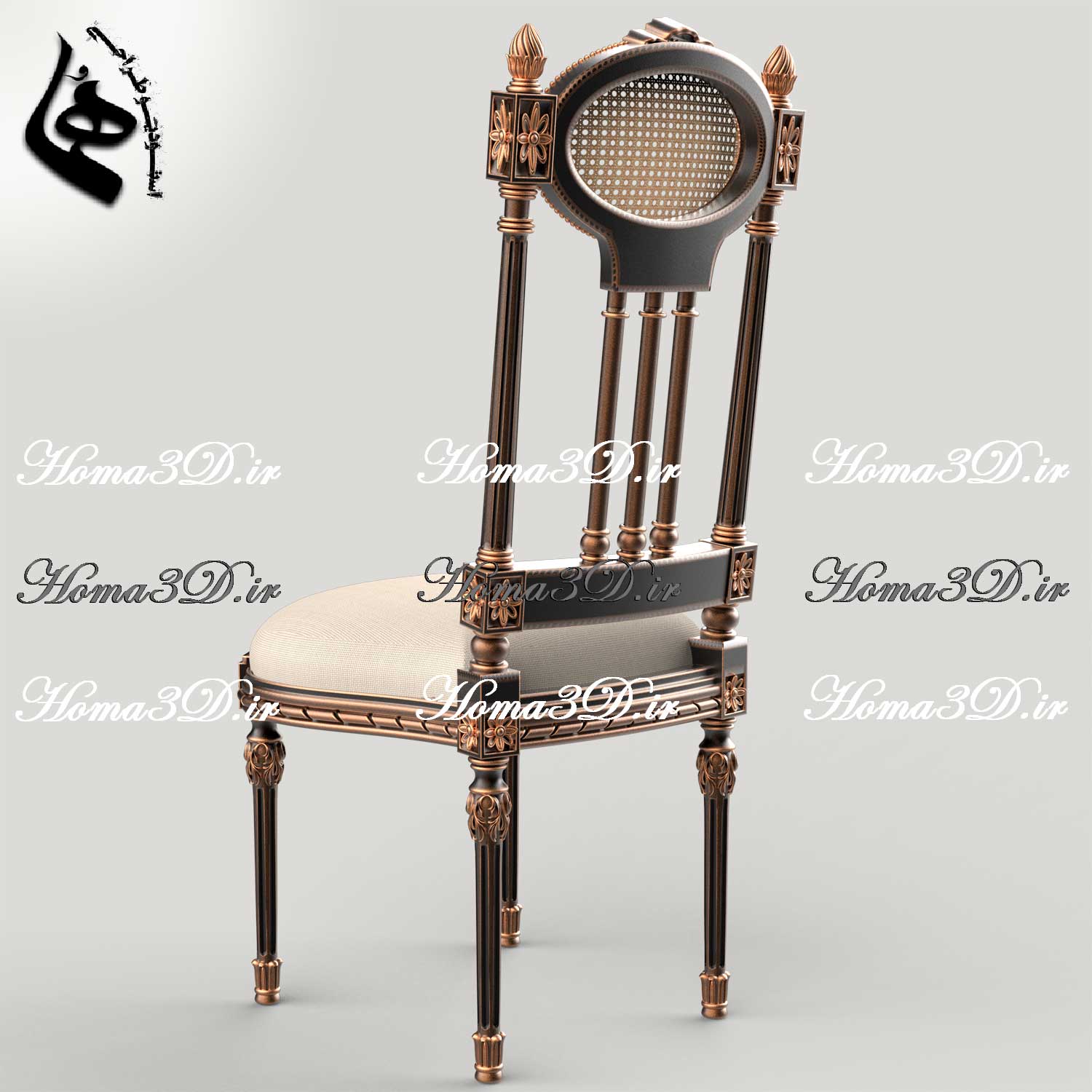 طراحی سه‌بعدی صندلی با ظرافت و استایل کلاسیک ایتالیا، دو رو منبت جذاب