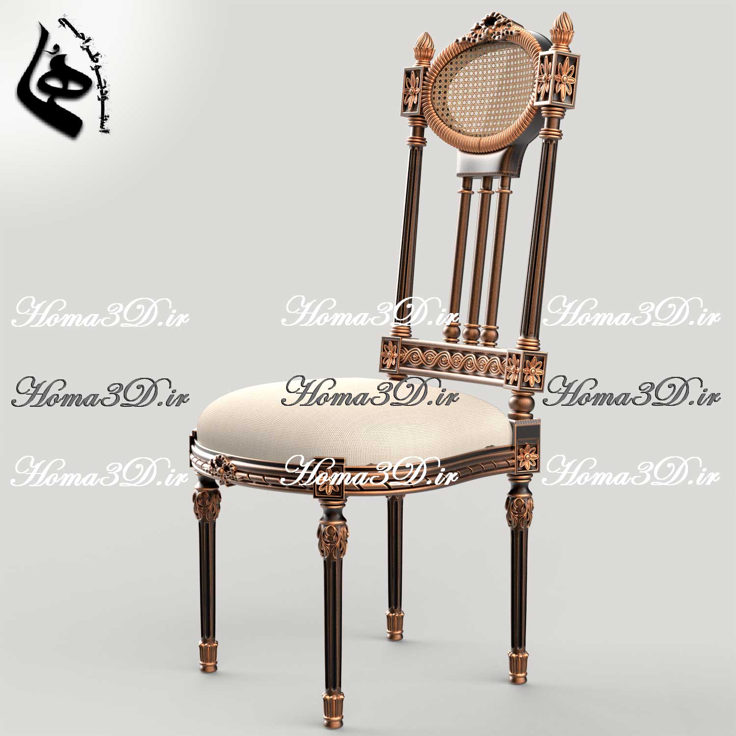 طراحی سه‌بعدی صندلی با ظرافت و استایل کلاسیک ایتالیا، دو رو منبت جذاب