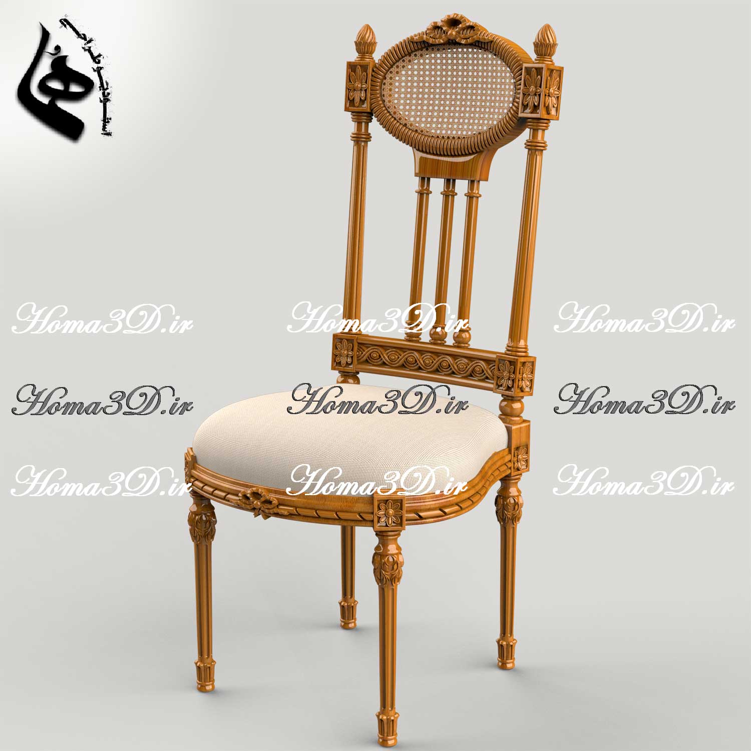 طراحی سه‌بعدی صندلی با ظرافت و استایل کلاسیک ایتالیا، دو رو منبت جذاب