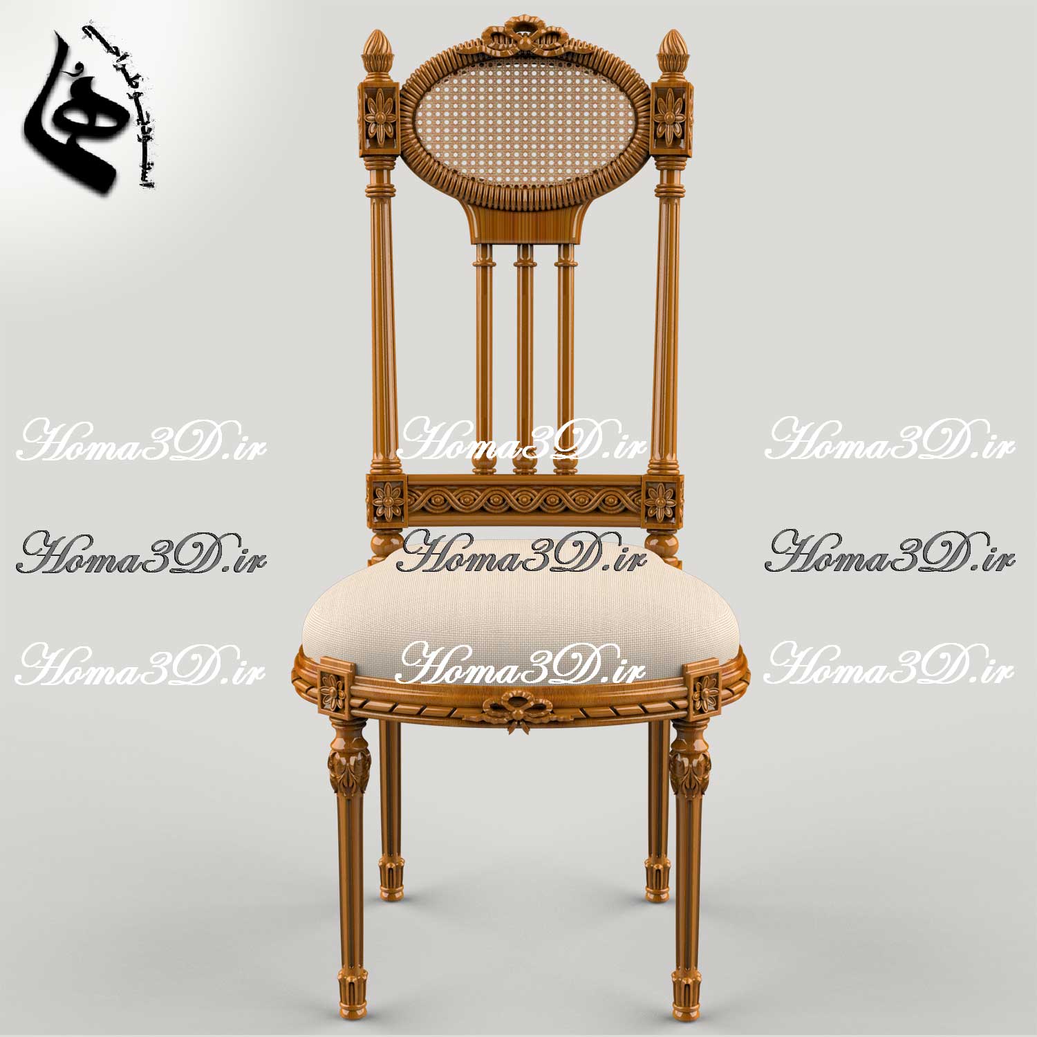 طراحی سه‌بعدی صندلی با ظرافت و استایل کلاسیک ایتالیا، دو رو منبت جذاب