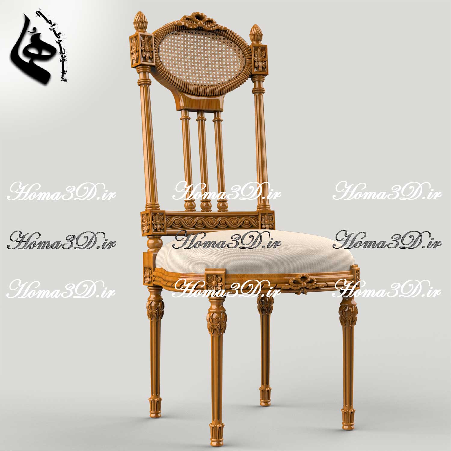 طراحی سه‌بعدی صندلی با ظرافت و استایل کلاسیک ایتالیا، دو رو منبت جذاب