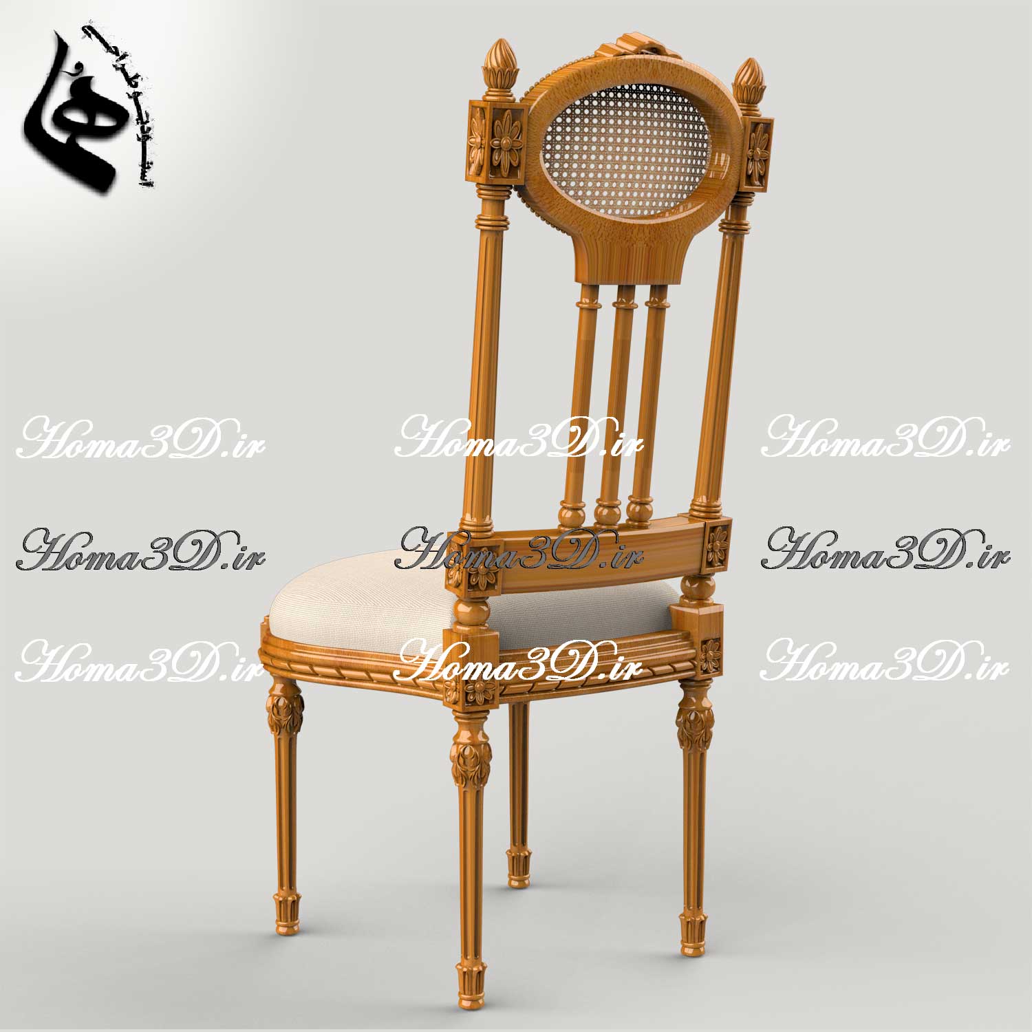 طراحی سه‌بعدی صندلی با ظرافت و استایل کلاسیک ایتالیا، دو رو منبت جذاب