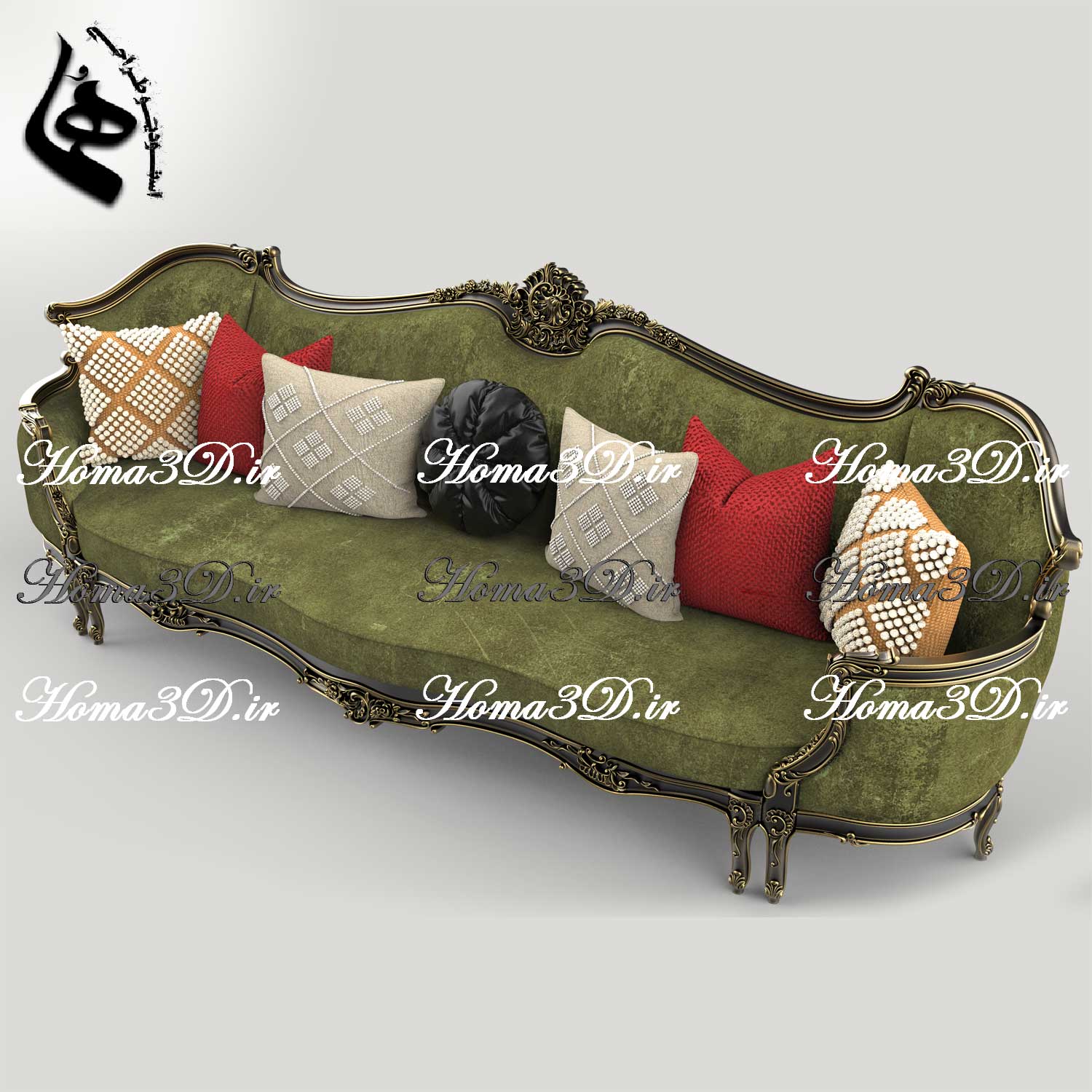 فایل طراحی سه‌بعدی کاناپه کینگ‌سایز با منبت سنگین و ریز، شیک و خاص
