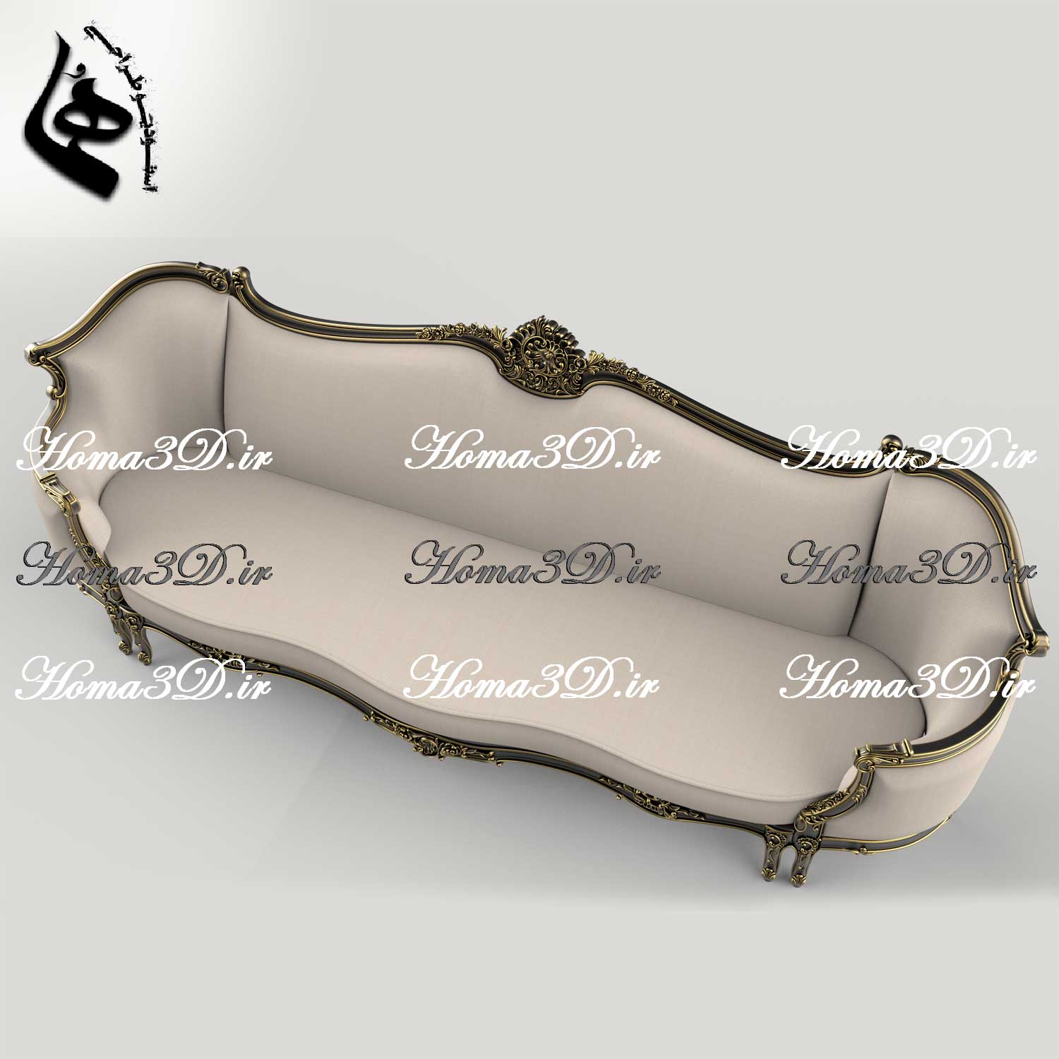 فایل طراحی سه‌بعدی کاناپه کینگ‌سایز با منبت سنگین و ریز، شیک و خاص