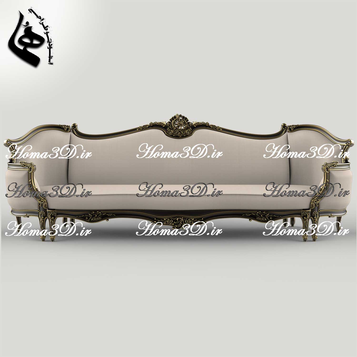 فایل طراحی سه‌بعدی کاناپه کینگ‌سایز با منبت سنگین و ریز، شیک و خاص