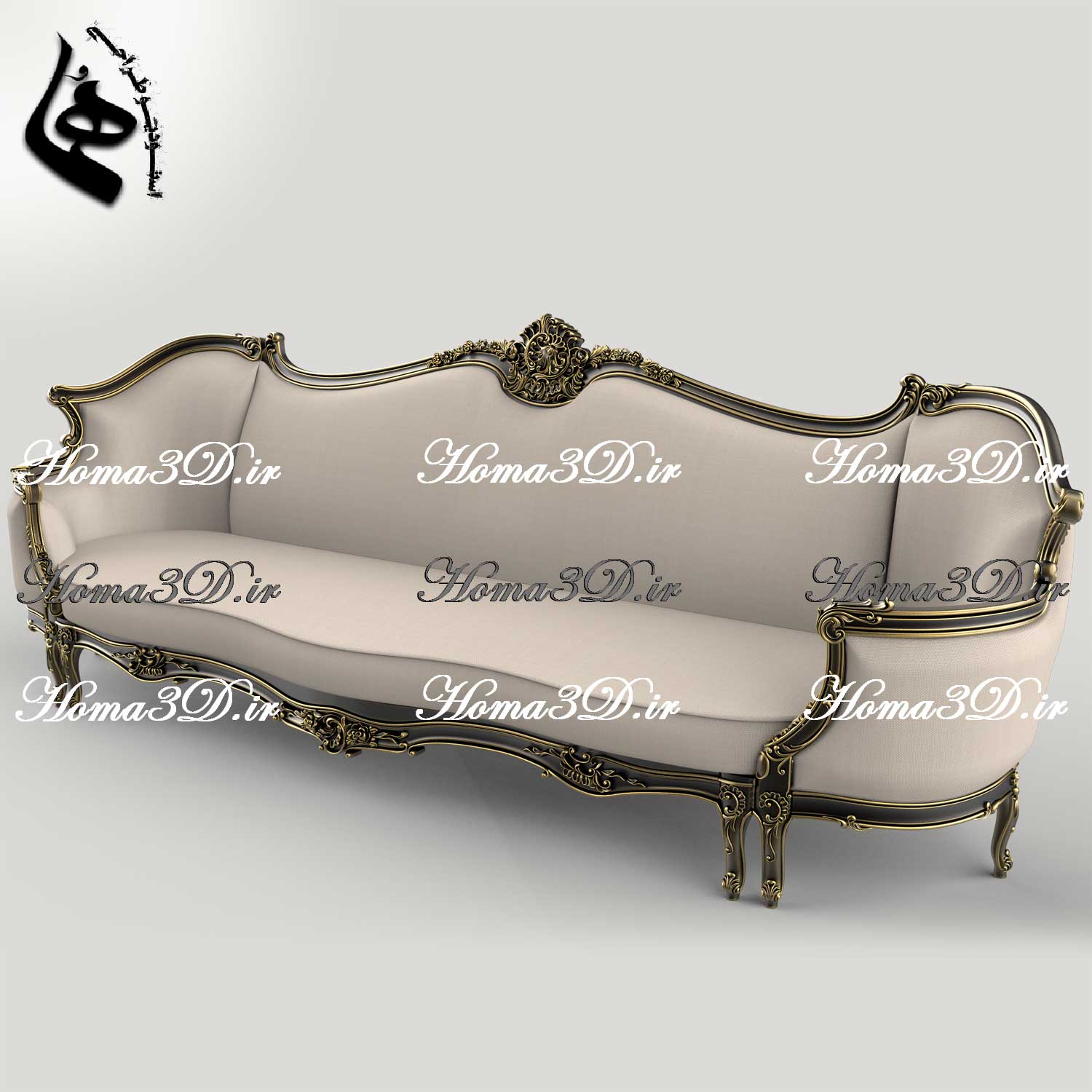 فایل طراحی سه‌بعدی کاناپه کینگ‌سایز با منبت سنگین و ریز، شیک و خاص
