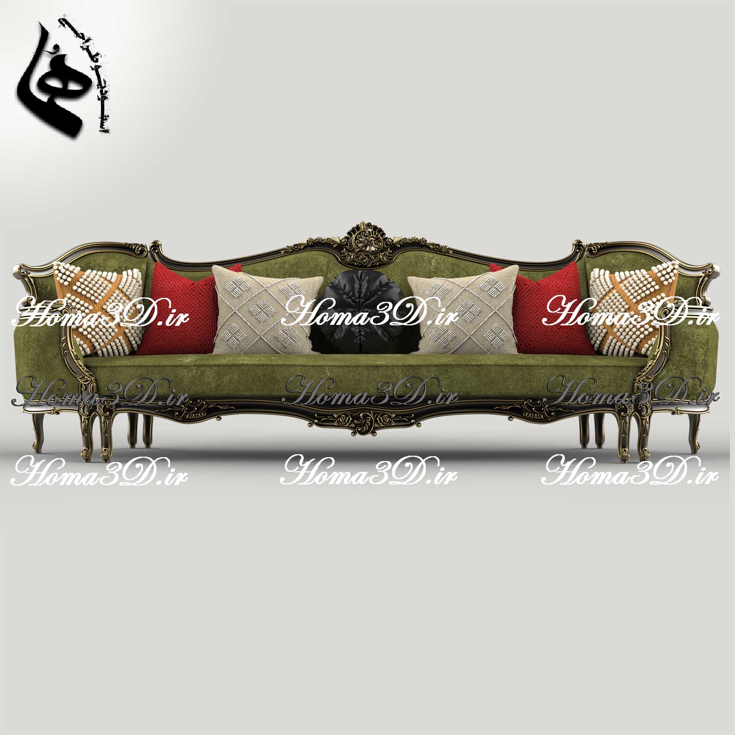 فایل طراحی سه‌بعدی کاناپه کینگ‌سایز با منبت سنگین و ریز، شیک و خاص