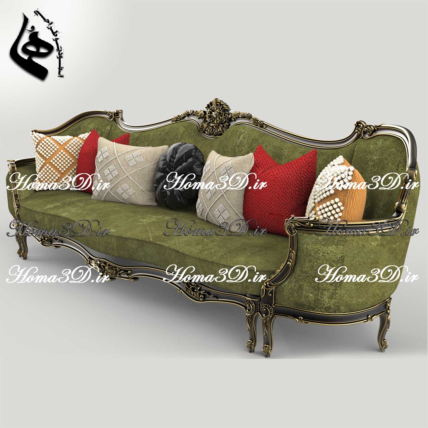 فایل طراحی سه‌بعدی کاناپه کینگ‌سایز با منبت سنگین و ریز، شیک و خاص