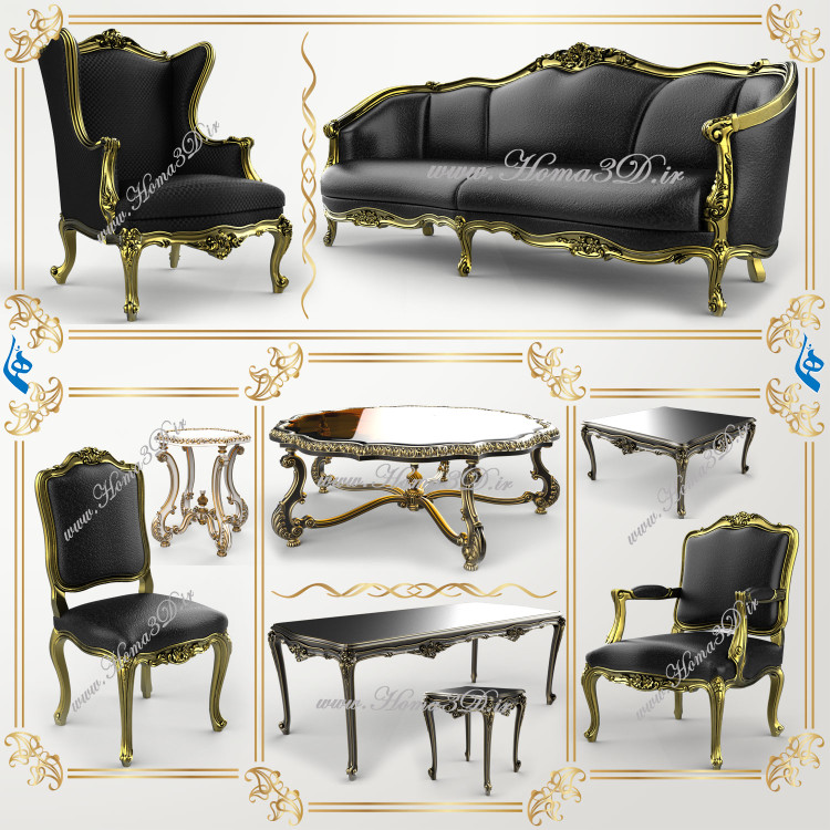 فایل طراحی 3بعدی مبل راشل – فول ست کامل با میزهای ست ترکیبی گرد عسلی و جلو مبلی