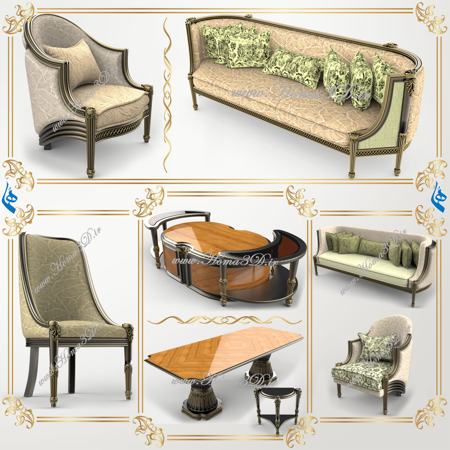 دانلود فایل طراحی 3بعدی منبت مبلمان لوکس با طراحی ظریف، فریم جدید و منبت ترکیه‌ای ترکیبی