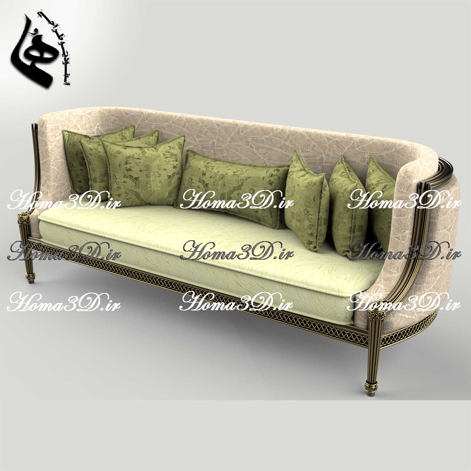 طراحی سه‌بعدی کاناپه منبت‌دار ظریف فوق‌لاکچری و لوکس برای تولید در نجاری و CNC