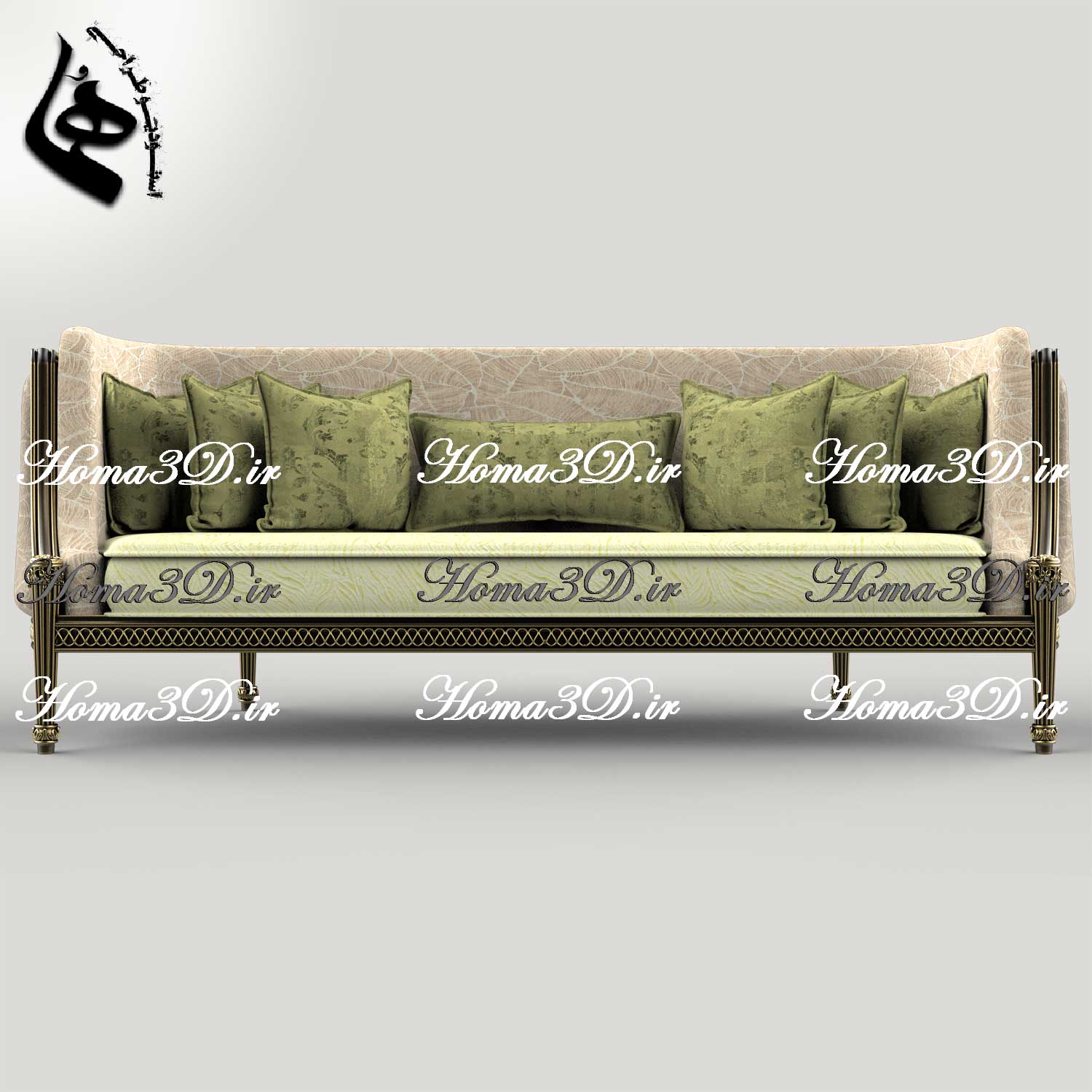 طراحی سه‌بعدی کاناپه منبت‌دار ظریف فوق‌لاکچری و لوکس برای تولید در نجاری و CNC