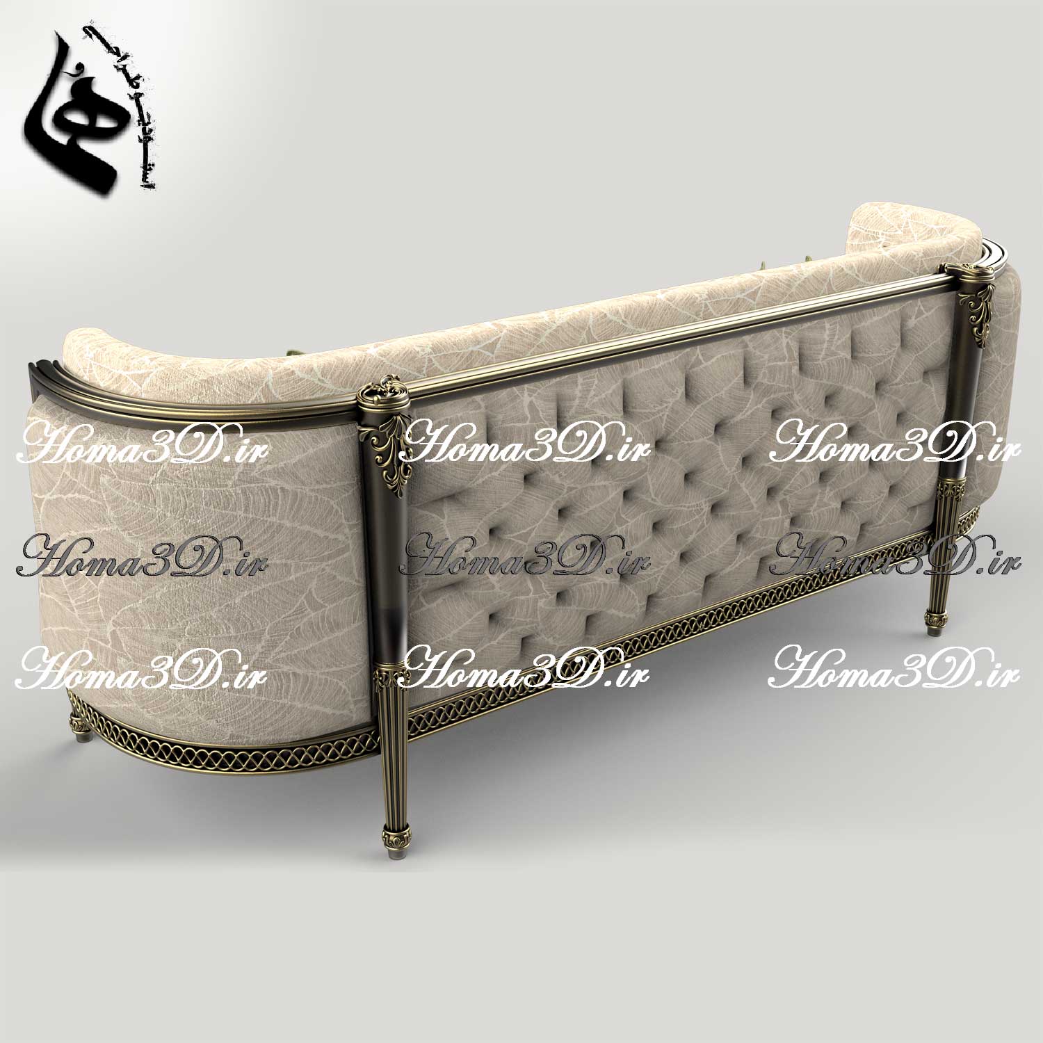طراحی سه‌بعدی کاناپه منبت‌دار ظریف فوق‌لاکچری و لوکس برای تولید در نجاری و CNC