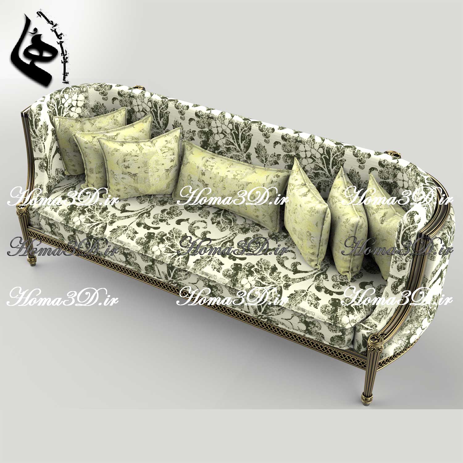 طراحی سه‌بعدی کاناپه منبت‌دار ظریف فوق‌لاکچری و لوکس برای تولید در نجاری و CNC