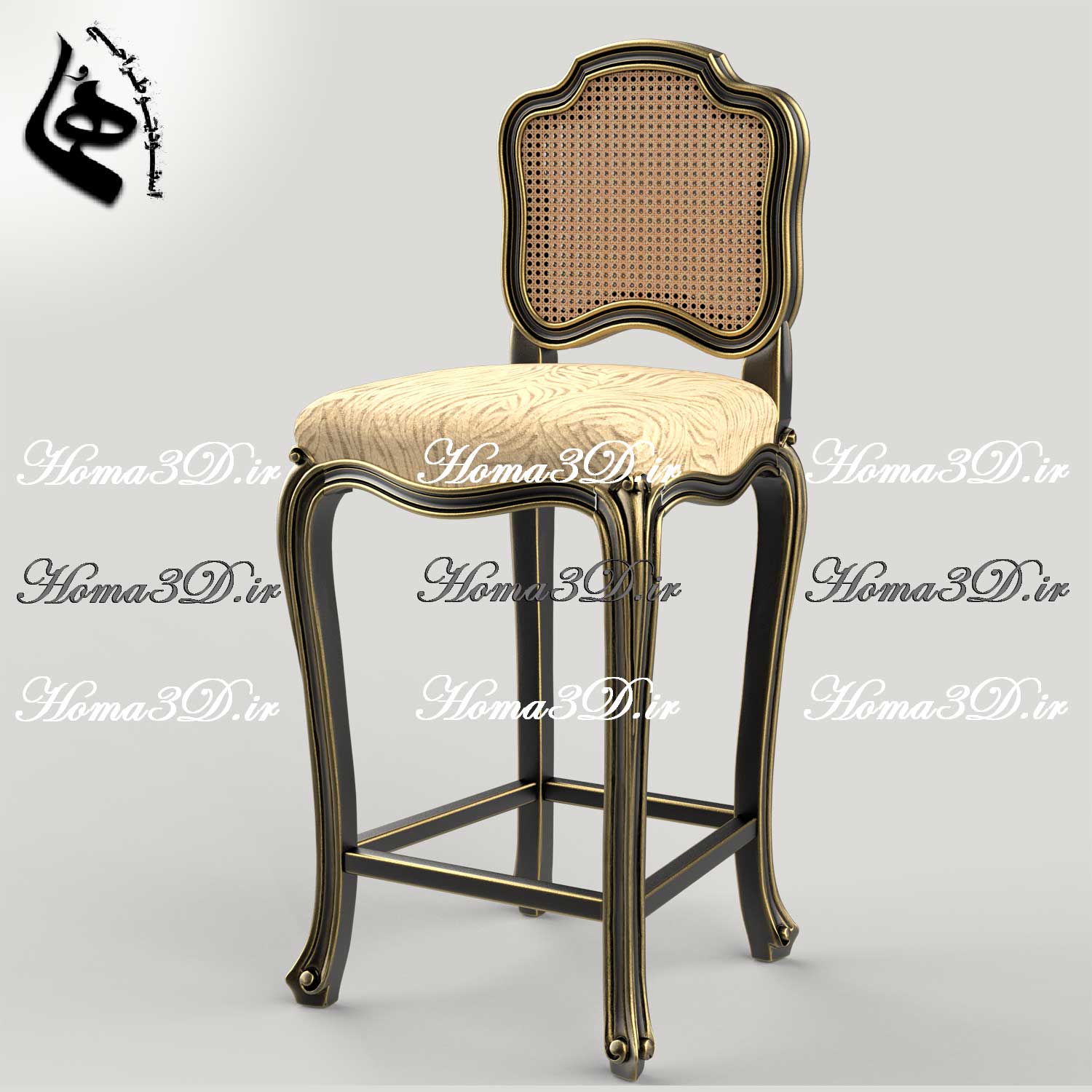 طراحی سه‌بعدی صندلی اوپن و صندلی بار ابزاری سایز بلند با فریم تاج جذاب