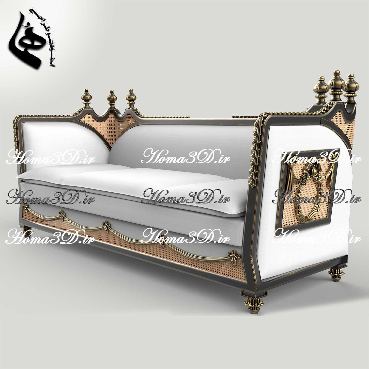 فایل سه‌بعدی طراحی کاناپه لوکس حصیری با منبت‌های ظریف و قالب‌کشی اصولی و مهندسی‌شده جدید