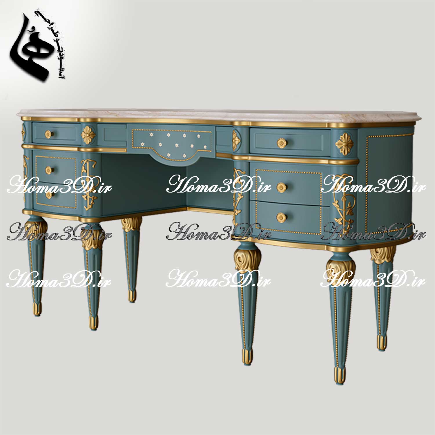 فایل طراحی سه‌بعدی میز آرایش زیبا با منبت‌های ریز ایتالیایی