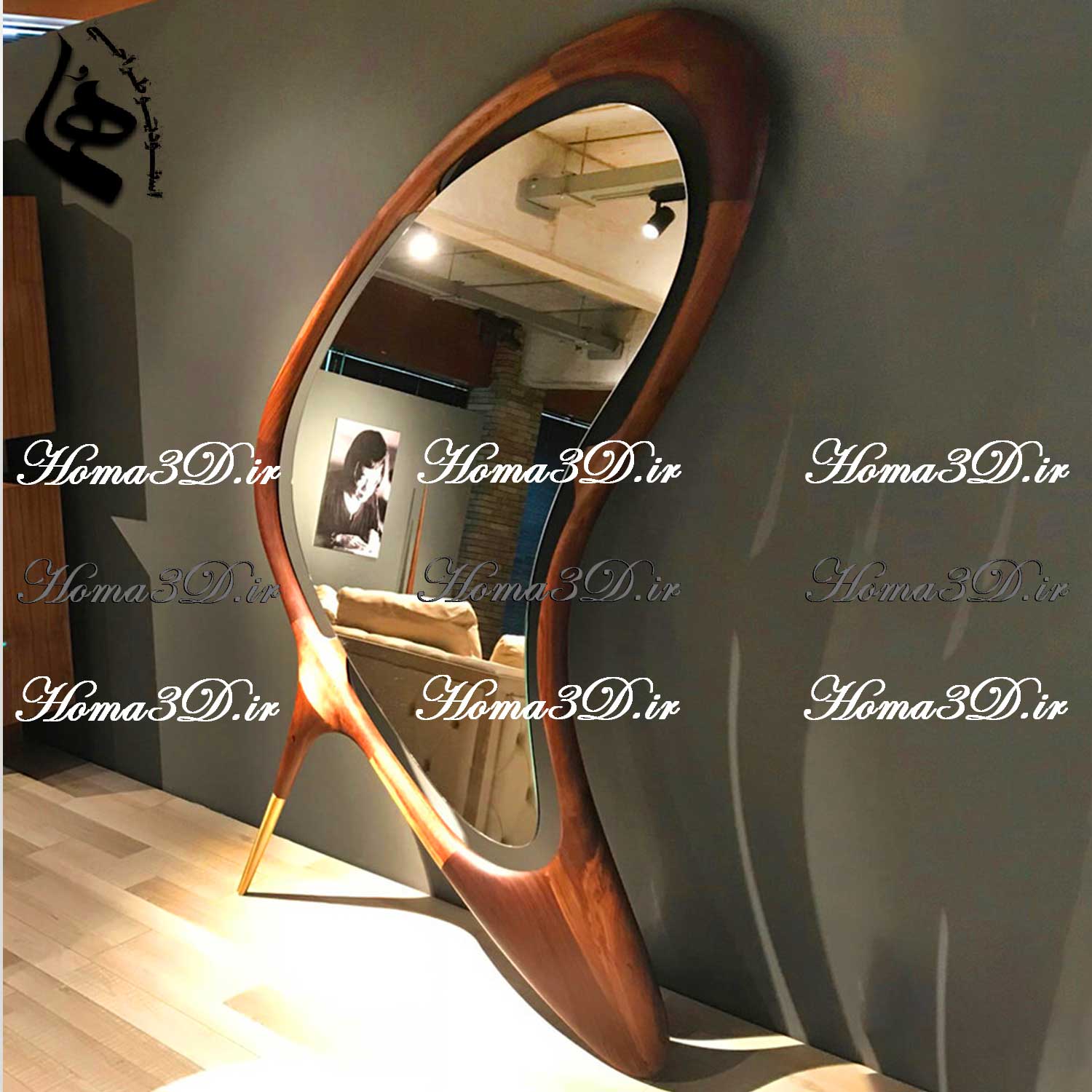 فایل طراحی سه‌بعدی آینه ایستاده با سبک طراحی مدرن با فریم و پیچیدگی طراحی در چوب خاص و لوکس