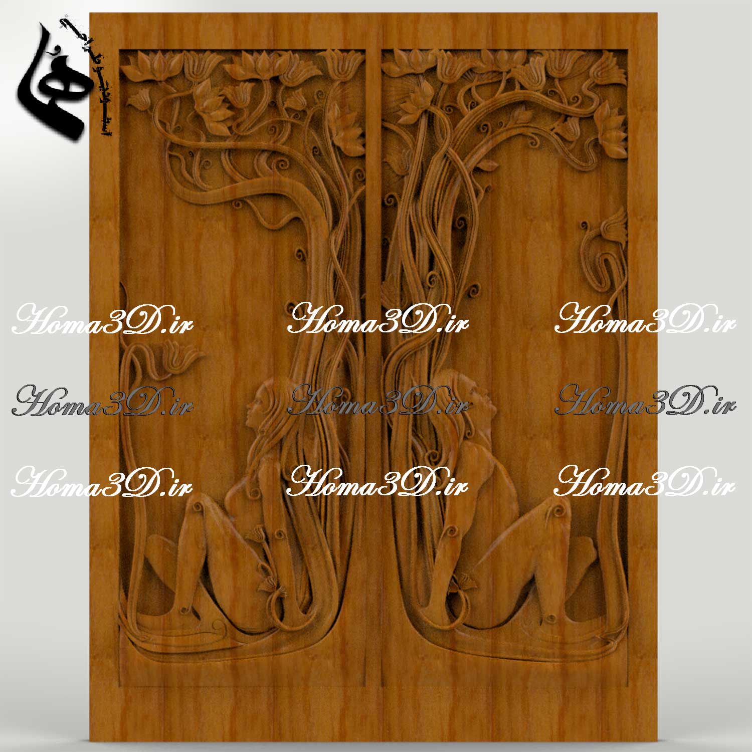درب‌های داخلی منبت‌دار با طراحی ظرافت مرد و زن در کنج قاب چوبی