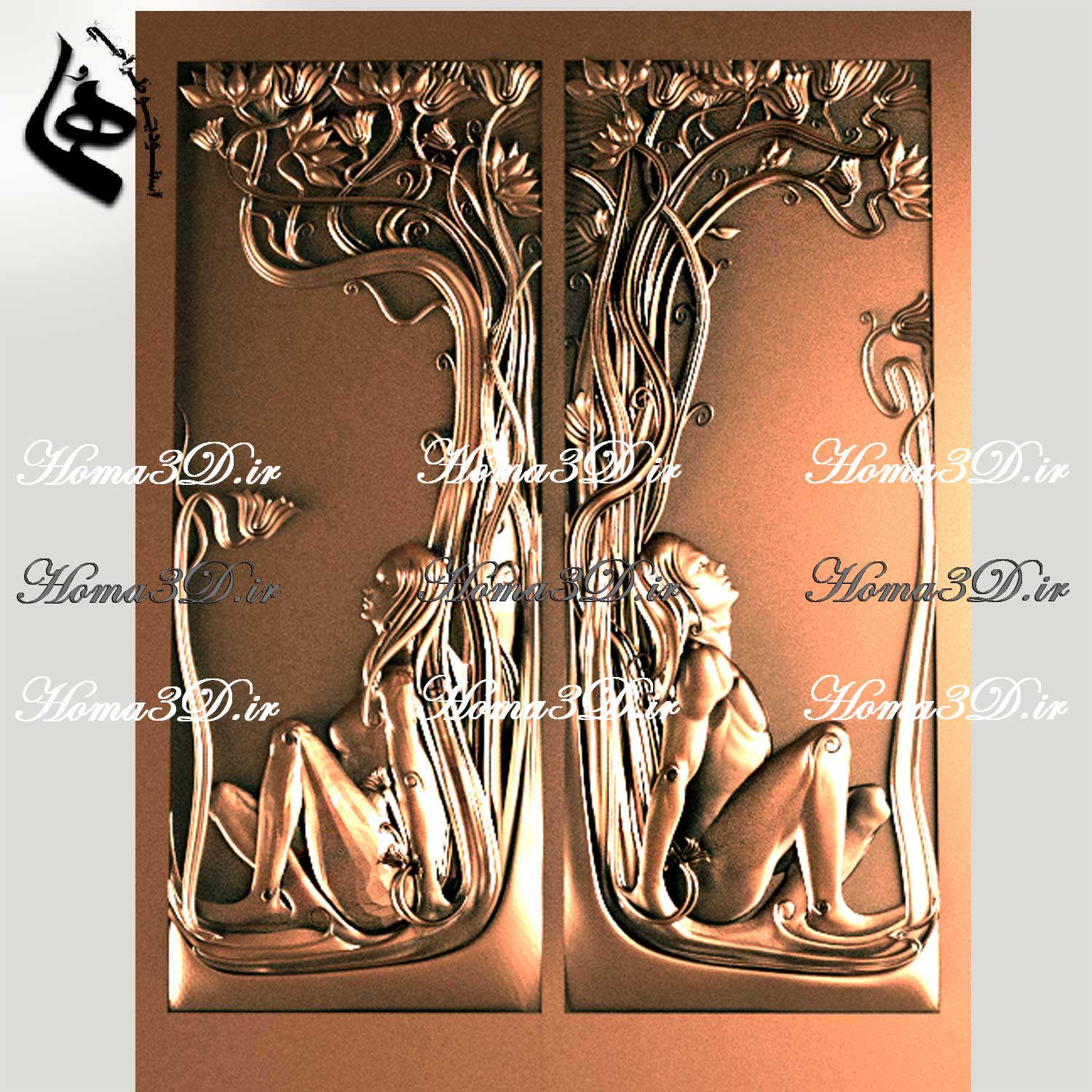 درب‌های داخلی منبت‌دار با طراحی ظرافت مرد و زن در کنج قاب چوبی