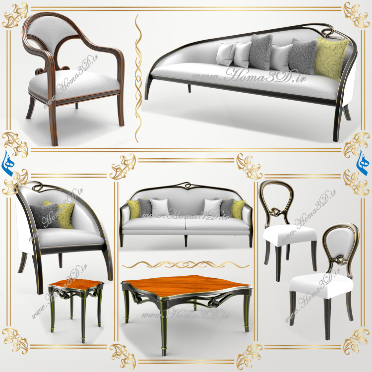 فایل طراحی 3بعدی مبلمان لوکس با فریم زیبا و انحنای خاص از سبک نئوکلاسیک